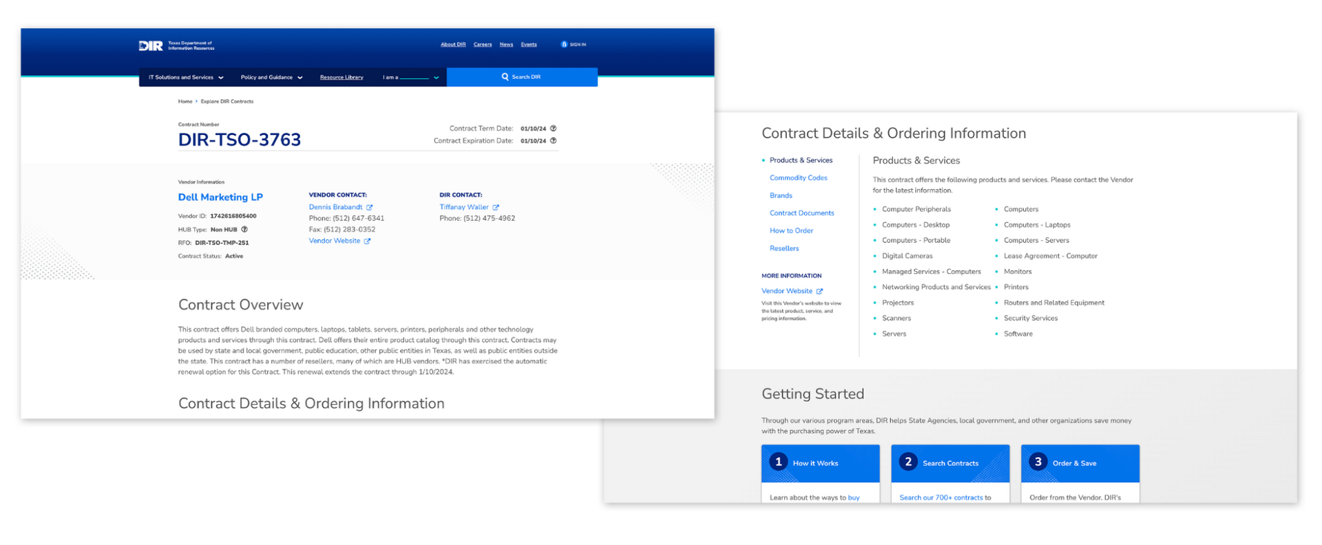 DIR's website with a contract detail