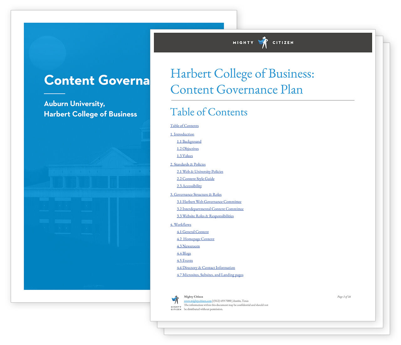 The front cover and table of contents for Harbert's content governance plan