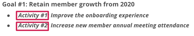 A listing of Goal #1 with two activities listed below: Activity #1 Improve the onboarding experience, Activity #2 Increase new member annual meeting attendance