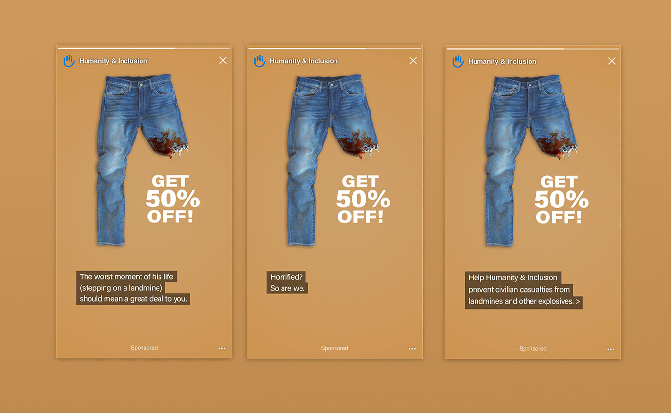 Campaign screenshots showing a pair of pants with only one leg and reading "Get 50% Off!"