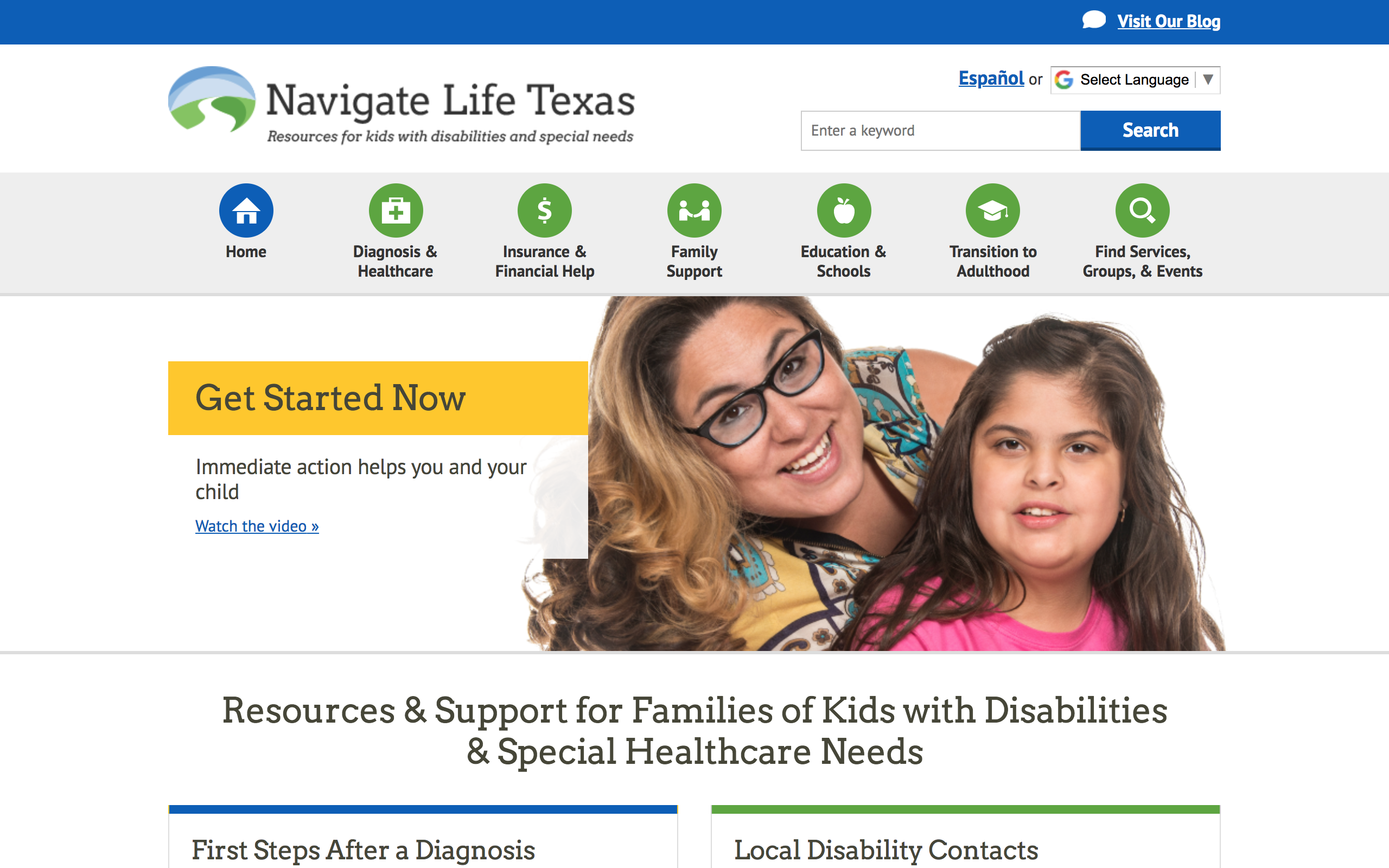 Navigate Life Texas homepage with a hero message that says "Resources & Support For Families of Kids with Disabilities & Special Healthcare Needs"