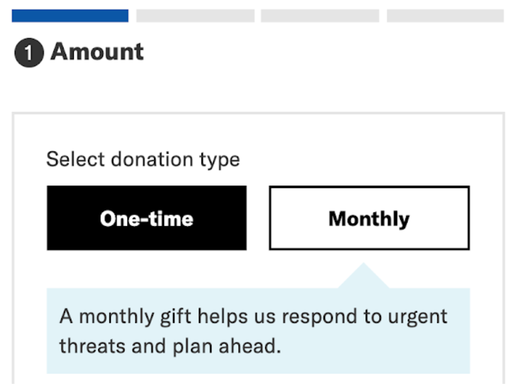 ACLU donation page with option to donate one-time or monthly 