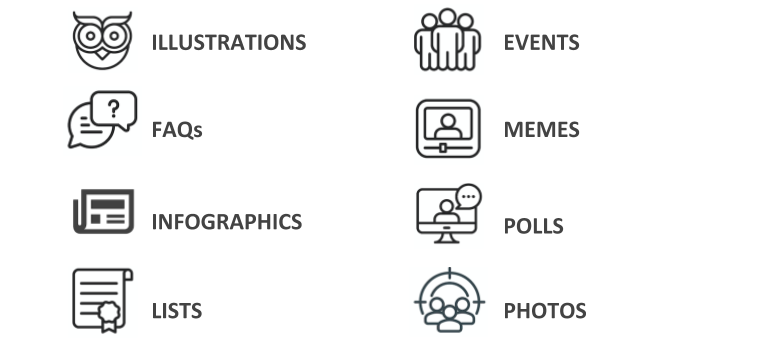 Illustrations, FAQs, Infographics, Lists, Events, Memes, Polls, Photos
