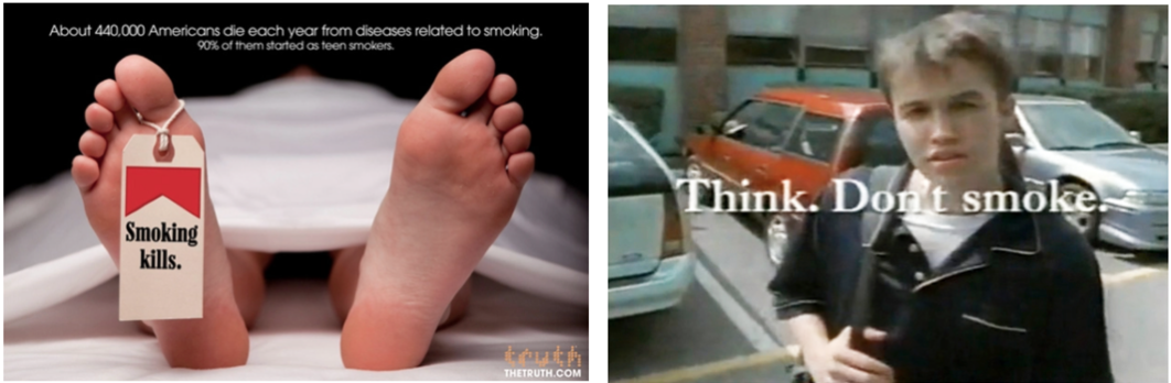 Feet sticking out with a tag on the left big toe that says "smoking kills." and A young man that says "Think. Don't smoke."